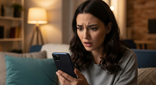 A young woman sits on a couch, looking worried as she gazes at her phone, surrounded by soft lighting, conveying a sense of distress or concern.