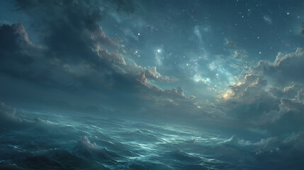 Fototapeta premium Surreal sky-ocean where fish swim among galaxies, nebulae, and drifting clouds