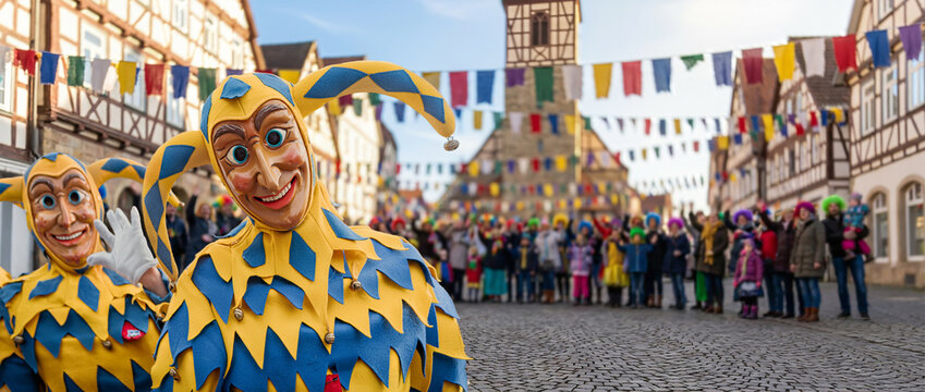 fastnacht - marktplatz - kirchenturm - stadt - narren - winken - farbenfroh - kontrastreich - menschenmenge