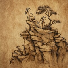 Pen-and-ink drawing of two goats on a rocky cliffside, with a bonsai-like tree