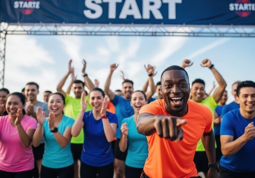 Excited runners cheer at the start line of a race, ready for competition and achievement