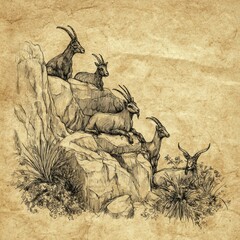 Pen and ink illustration depicting a herd of goats resting on a rocky hillside