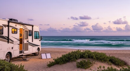Obraz premium White motorhome parked on a sandy beach at sunset with ocean view perfect for travel inspiration and coastal vacations