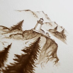 Sepia-toned illustration featuring a seaside structure atop a cliff, with mountainous terrain and trees