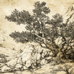 Black and white illustration of a tree clinging to a rocky hillside with soft textures