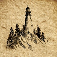 Pen sketch of a lighthouse atop rocky terrain, surrounded by trees on aged paper