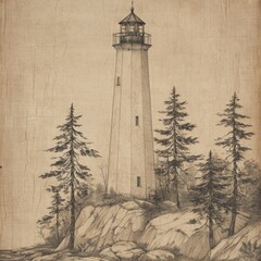 A pencil sketch depicting a tall lighthouse on a rocky coast, surrounded by coniferous trees