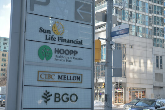 directory pylon sign incl Sun Life Financial, HOOPP, CIBC Mellon and BGO at One York Street, Toronto