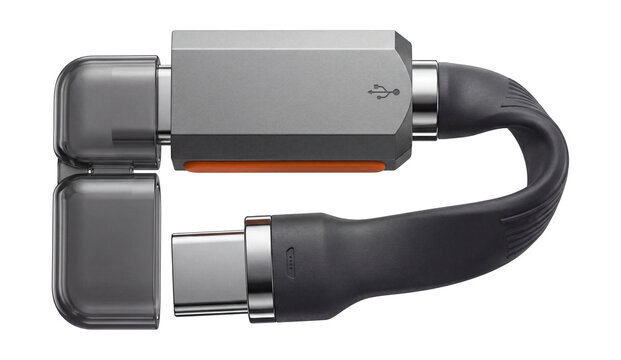 Foldable OTG flash drive with a flexible neck and dual USB-C and micro USB connections.