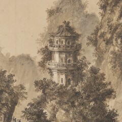 Sepia tone illustration of a tall pagoda nestled amidst a mountainous landscape with foliage