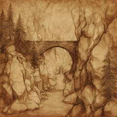 Sepia-toned pencil sketch depicts a stone bridge spanning a gorge with trees and cliffs
