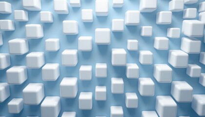 Abstract design of floating white cubes on a soft blue background creating a 3D illusion