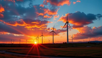Obraz premium Majestic Sunset Over Wind Turbines in an Open Field with Dramatic Clouds and Colors