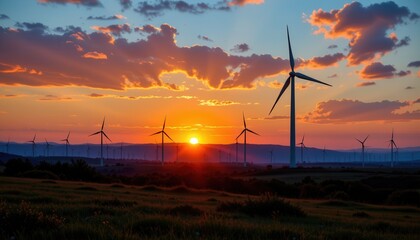 Obraz premium Breathtaking Sunset over Wind Turbines in a Scenic Rural Landscape with Vibrant Colors