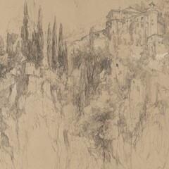 Sketch of a mountainous village with tall trees and buildings, done with pencil