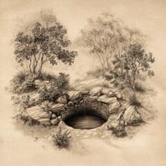 Monochrome illustration of a deep stone well, surrounded by vegetation and trees