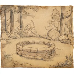 Sketch of a stone fire pit in a forest clearing surrounded by trees and rocks