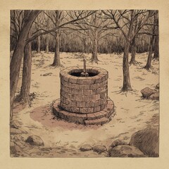 A pencil-drawn scene of an old well in a serene forest clearing with bare trees