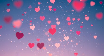 A whimsical background of pink and red hearts floating in a gradient blue and purple sky with white specks