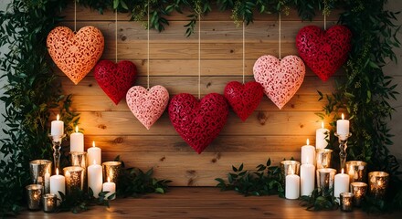 A romantic wooden backdrop with hanging hearts and candles for a Valentine's Day celebration or wedding decoration