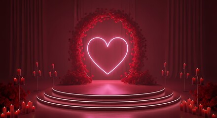 A romantic stage setup with a neon heart surrounded by red flowers and candles for a Valentine's Day celebration