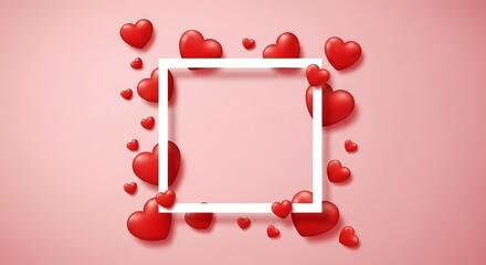 A white square frame surrounded by floating red hearts on a soft pink background for Valentine's Day or love-themed designs