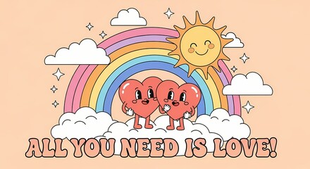 A colorful cartoon image of two hearts standing on clouds in front of a rainbow with a smiling sun