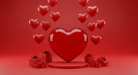 A large red heart surrounded by floating hearts and gift boxes on a red background for Valentine's Day