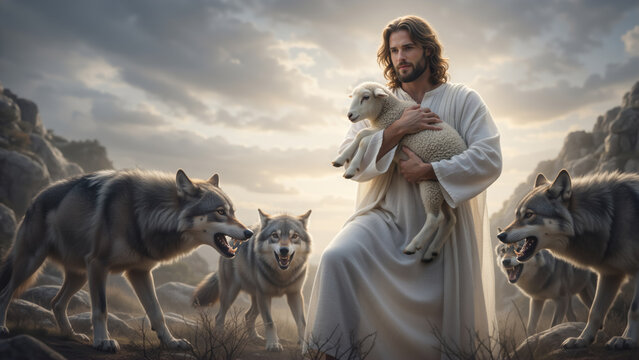 Jesus Christ as the Good Shepherd holding a lamb while wolves approach. Biblical scene of protection and faith in a rocky landscape