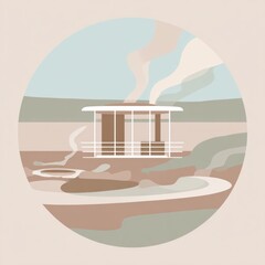Geometric circular illustration of a modern spa, serene setting with steam rising