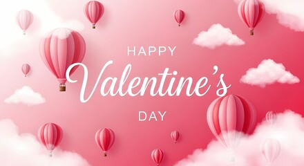 A pink Valentine's Day graphic with hot air balloons and clouds and Happy Valentine's Day text