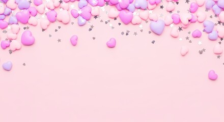 A pastel pink background with a border of small pink and purple hearts and silver stars