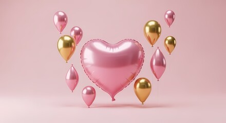 A large pink heart-shaped balloon floats among smaller pink and gold balloons on a pink background for Valentine's Day