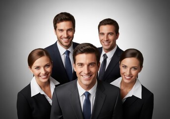 Diverse group of smiling business professionals in suits posing together for a corporate headshot