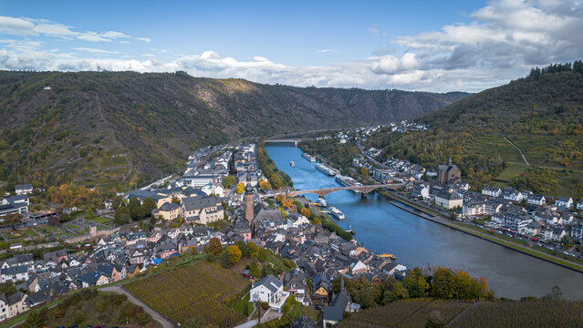 Aerial panoramic view of the Cochem old town in the Moselle Valley, Germany.