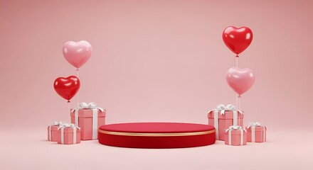 A festive arrangement of pink gifts and heart-shaped balloons on a red circular podium for Valentine's Day celebration