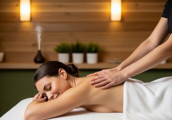 Woman enjoying a relaxing back massage in a serene spa environment with aromatherapy diffuser