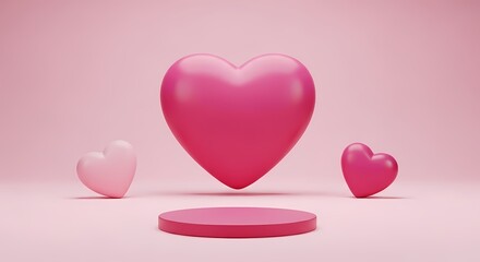 Three dimensional pink hearts on a pink background with a circular platform