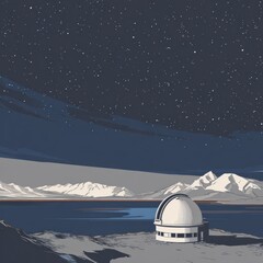 Nighttime panorama of a domed observatory with snowy mountains and a starry night sky