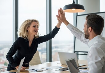 Successful business partners celebrating a win with a high five in a modern office setting