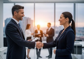 Successful business partners shaking hands in a modern office with city view at sunset