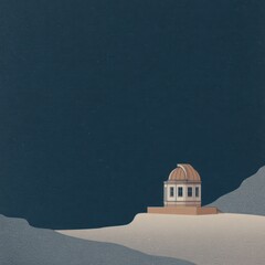 Illustration of a dome-shaped building under a star-filled sky, atop a snowy peak