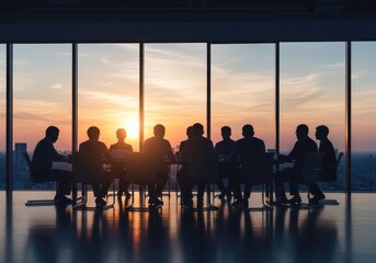 Silhouetted business people in a meeting room during a beautiful sunset overlooking a city skyline