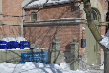 Obraz premium recycling bins at George Brown House, 186 Beverley (at Baldwin), designed by William Irving and Edward Hutchings, 1874-1876, Second Empire Style, Toronto