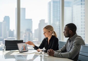 Business professionals collaborating and analyzing financial charts on a laptop in a modern office