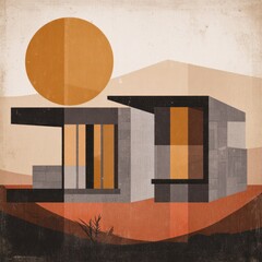 Modern architectural illustration of a house with geometrical lines under a warm, circular sun