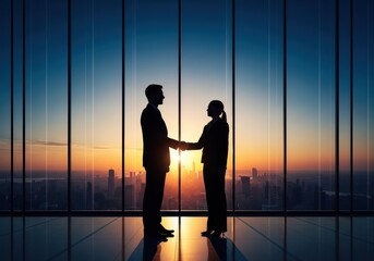 Business partners shaking hands in silhouette against a city skyline at sunset