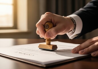 Close up of a man in a suit stamping a document with a wooden stamp
