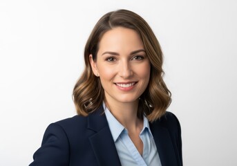 Professional woman in a dark blue suit smiling confidently against a clean white background