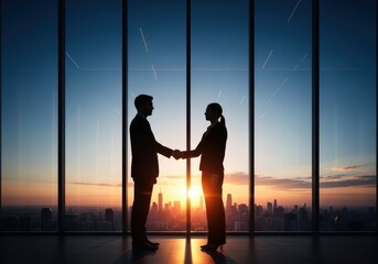 Business partners shaking hands in silhouette against a city skyline at sunset